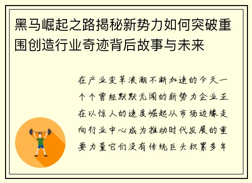 黑马崛起之路揭秘新势力如何突破重围创造行业奇迹背后故事与未来